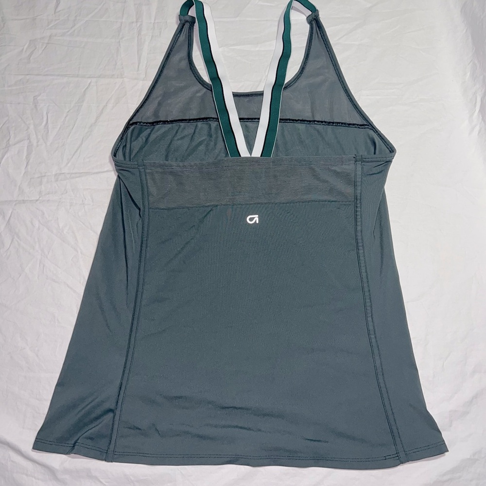 Gap Fit grey top with green/white straps and mesh panels